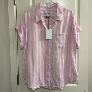 Lola River Rose Quartz Beachy Pink and White Striped Linen Blend Women’s Shirt